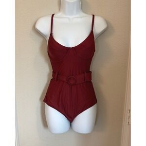 Shade & Shore Womens Belted Underwire One Piece Swimsuit Burgundy Red Size S 4-6